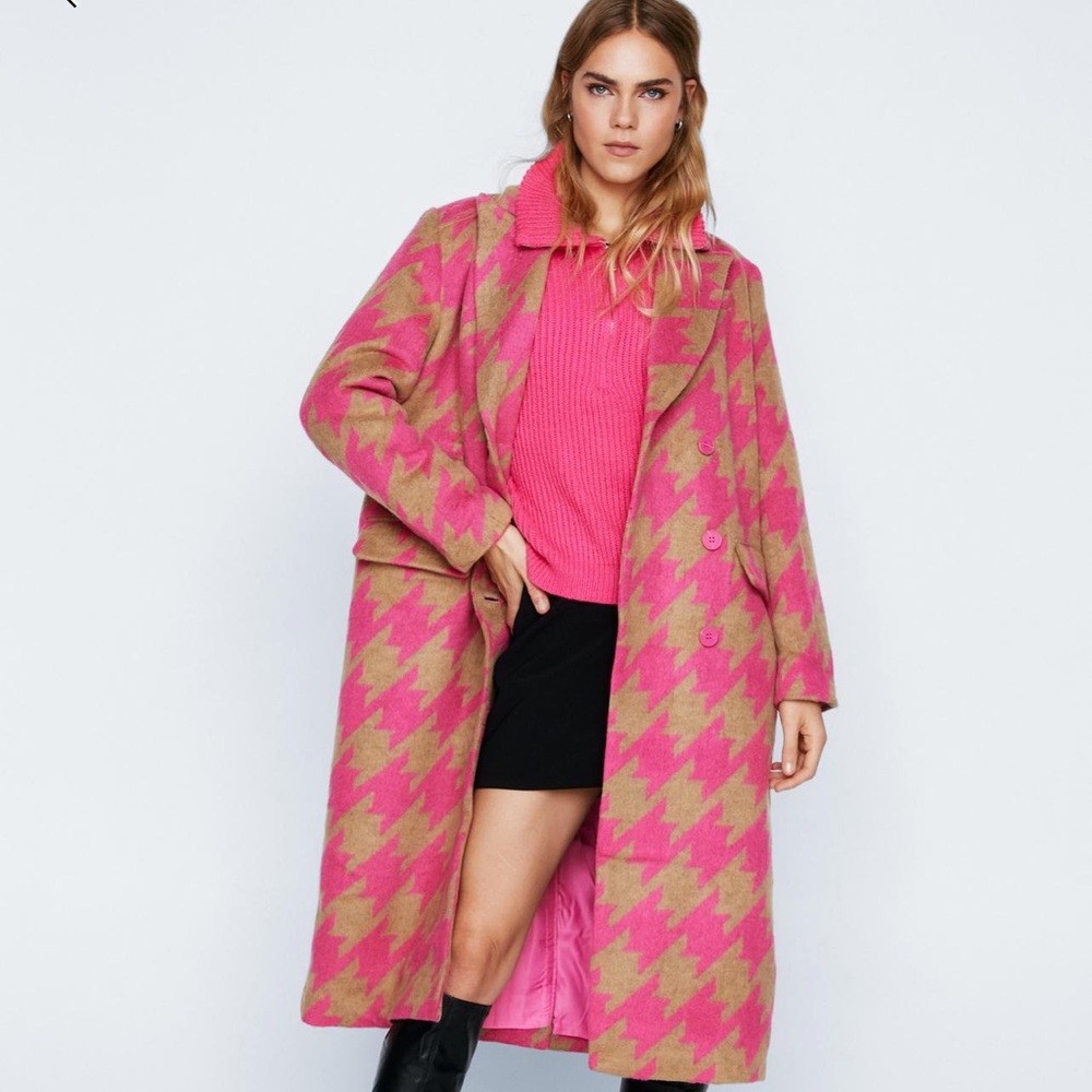 NASTY GAL pink and beige Premium oversized Houndstooth double breasted coat